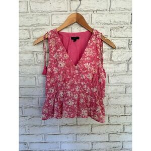 J.Crew Pink Floral Sleeveless Top Blouse V-Neck Tassel Tie Details Small